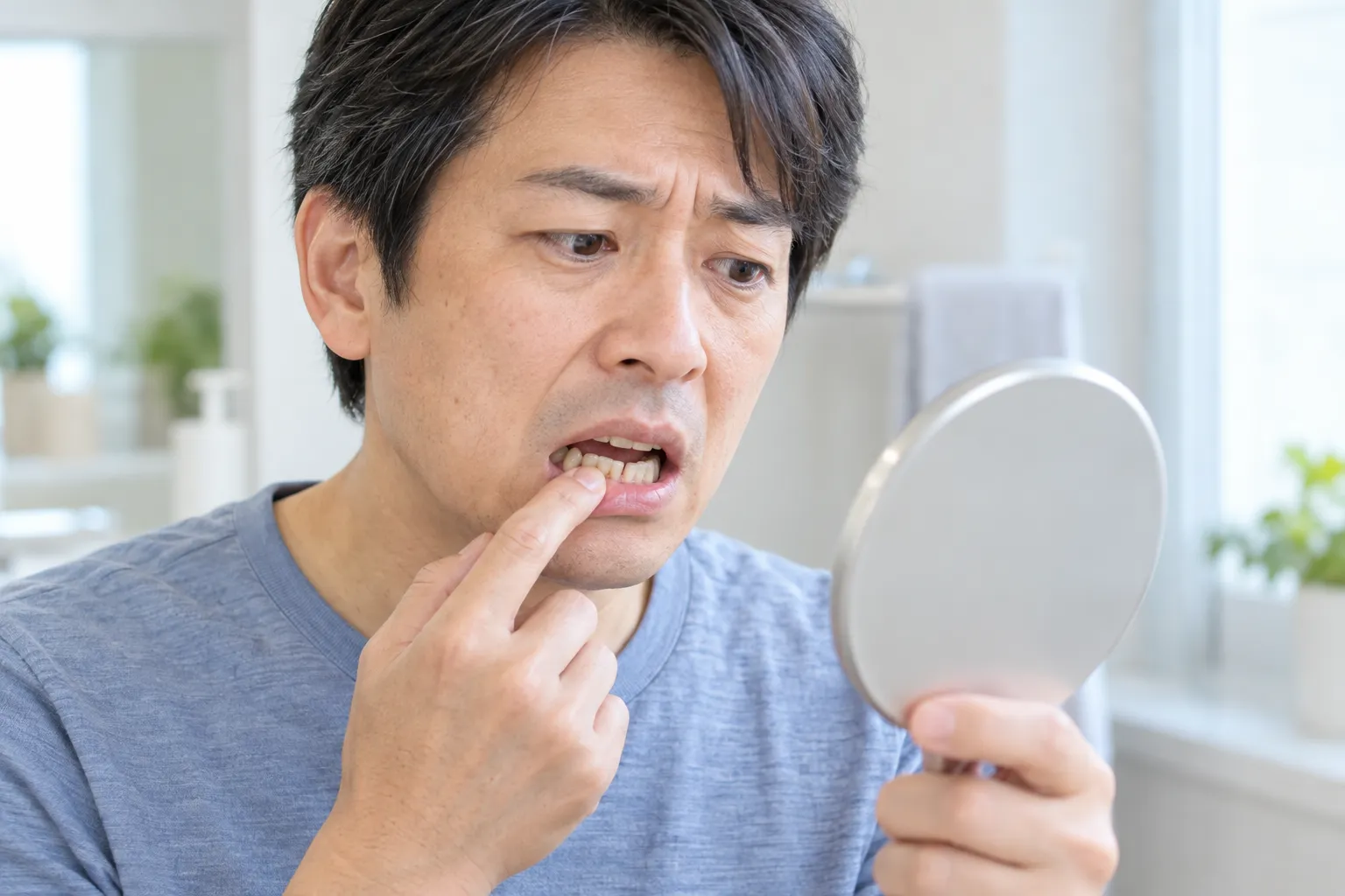 歯のぐらつきを気にする男性